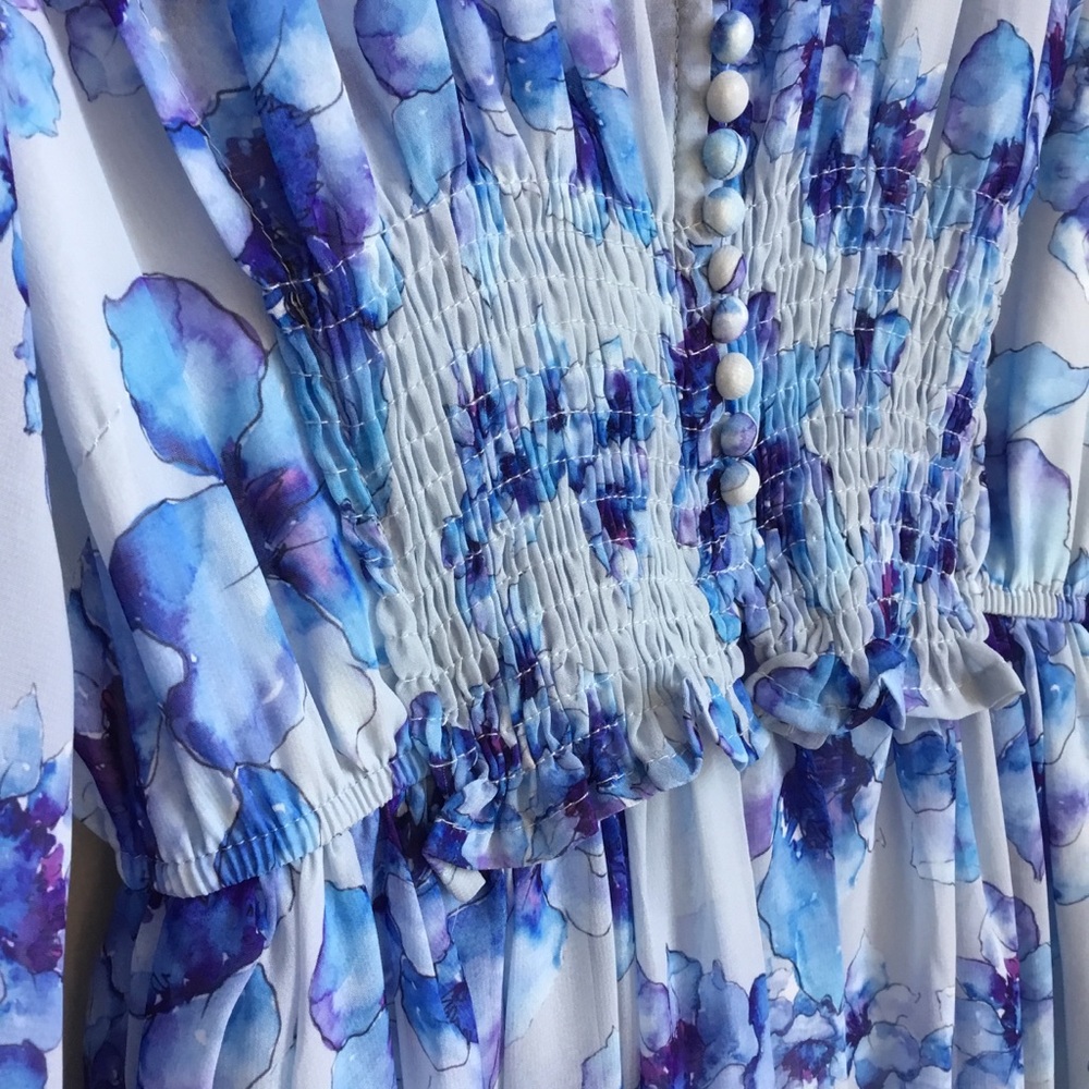 Beulah Style Blue Floral Shirred Sheer Maxi Dress Small - Picture 7 of 12